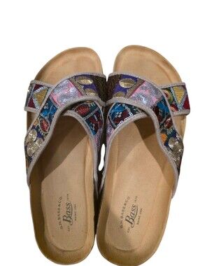 Bass Multicolor Embroidered Slide Sandals with Tan Footbed